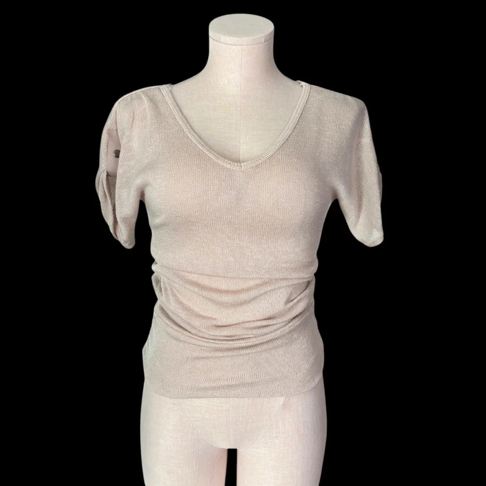 90s DEB Beige Knit Top S Longline Fitted Sweater USA‎ Side Gathered V Neck